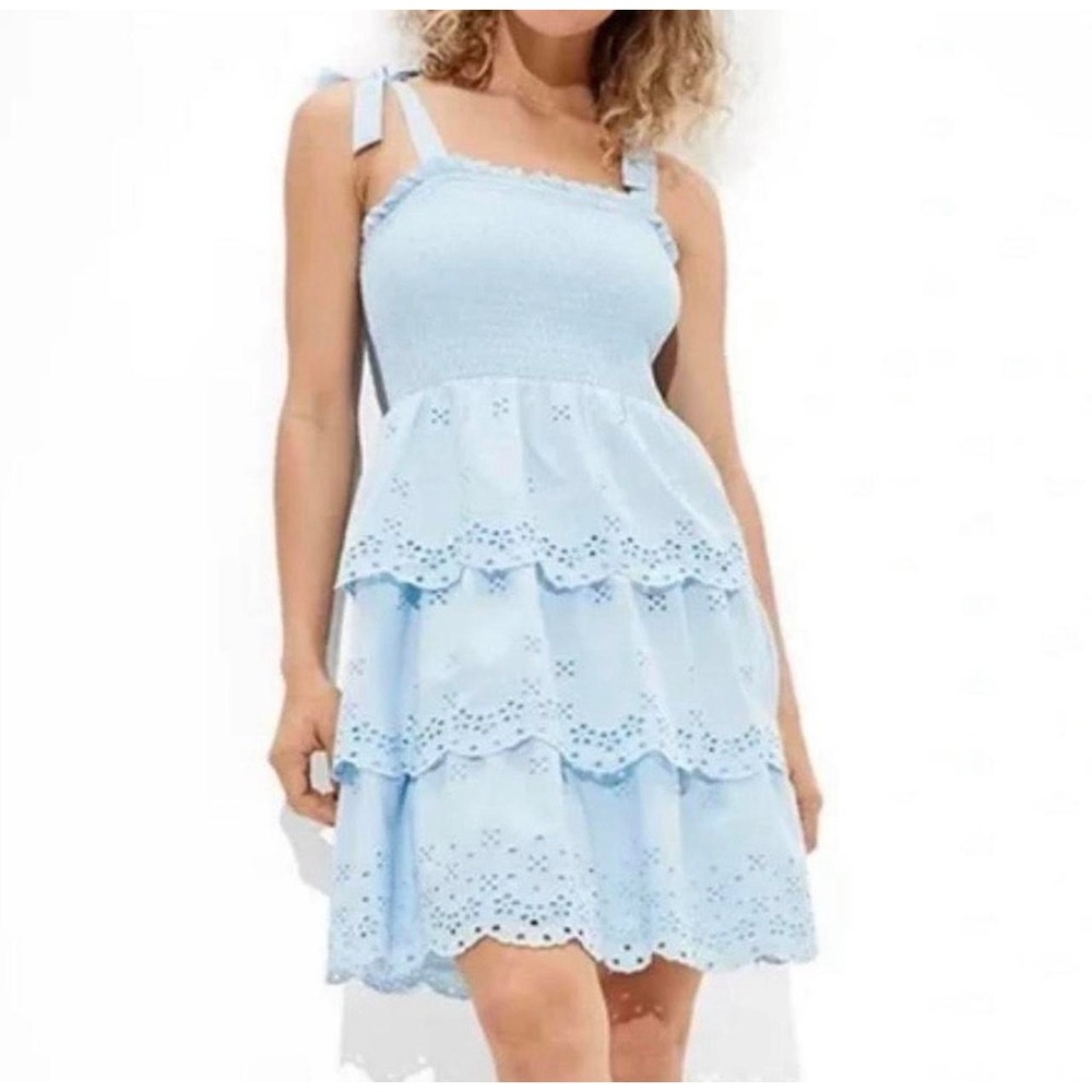 American Eagle Mini Dress Womens‎ Medium Blue Cottagecore Eyelet Smocked Tiered